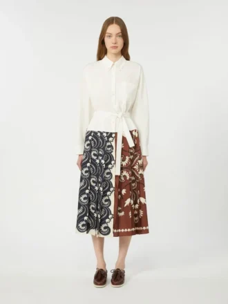 Abito camicia in cotone stampato e twill, bianco