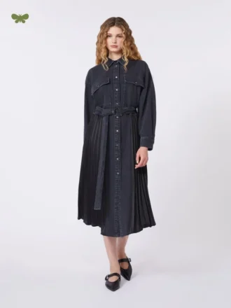 Abito camicia in denim e raso, nero