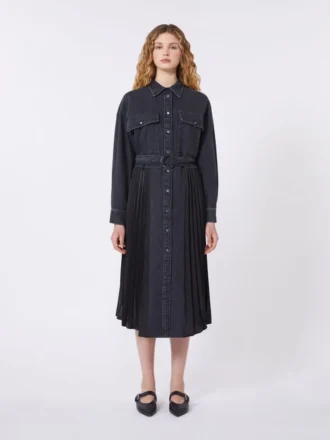 Abito camicia in denim e raso, nero