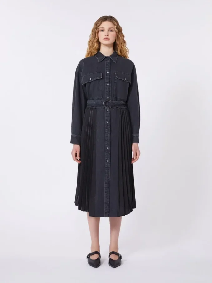 Abito camicia in denim e raso, nero