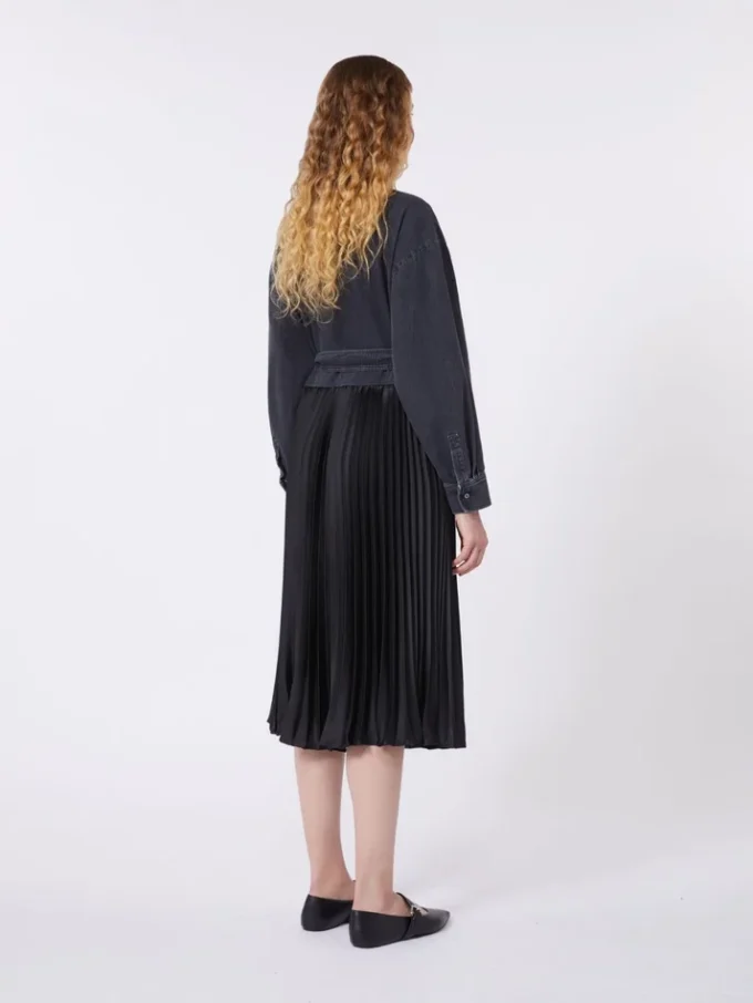 Abito camicia in denim e raso, nero