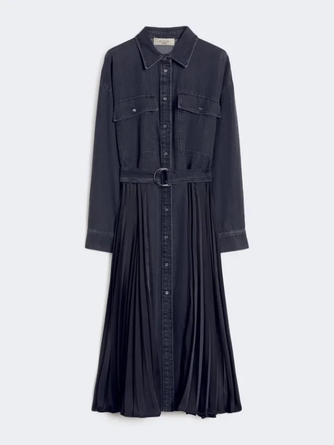 Abito camicia in denim e raso, nero