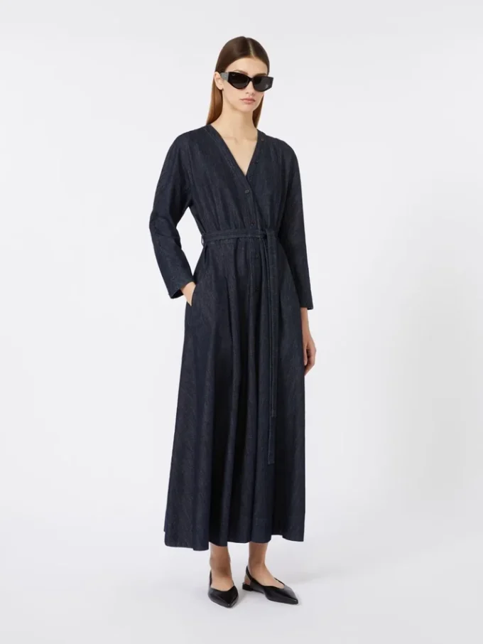 Abito in denim di cotone con cintura, blu oltremare