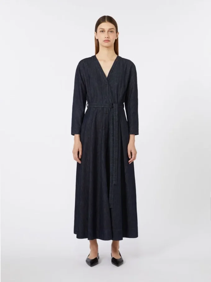 Abito in denim di cotone con cintura, blu oltremare