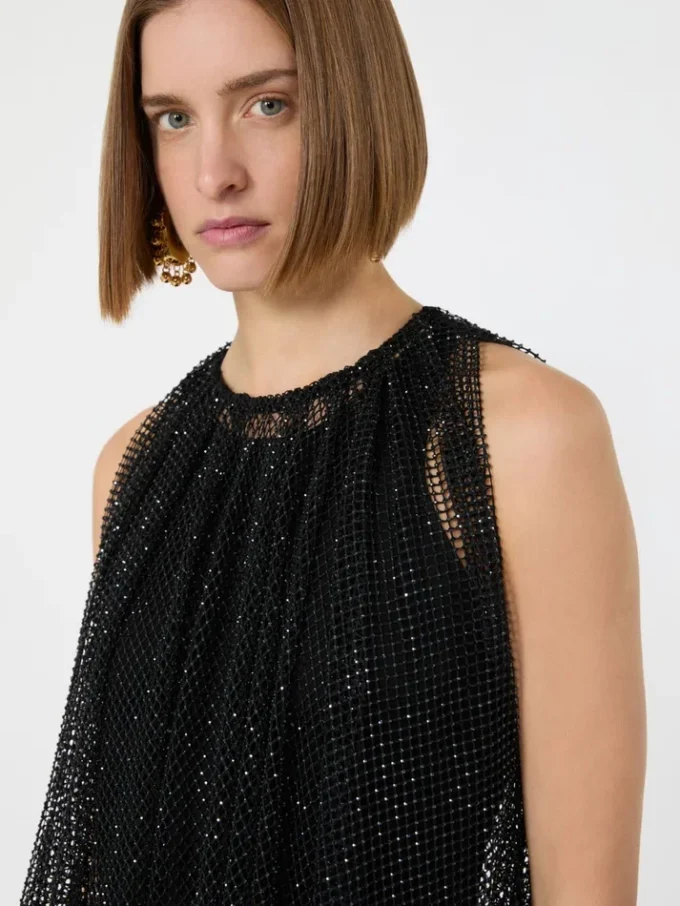 Abito in jersey senza maniche con cristalli, nero