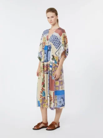 Abito midi in crêpe de chine di seta stampato, multicolore