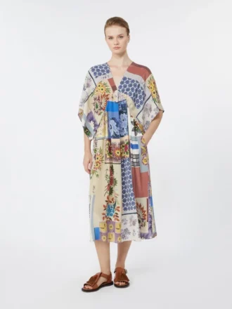 Abito midi in crêpe de chine di seta stampato, multicolore