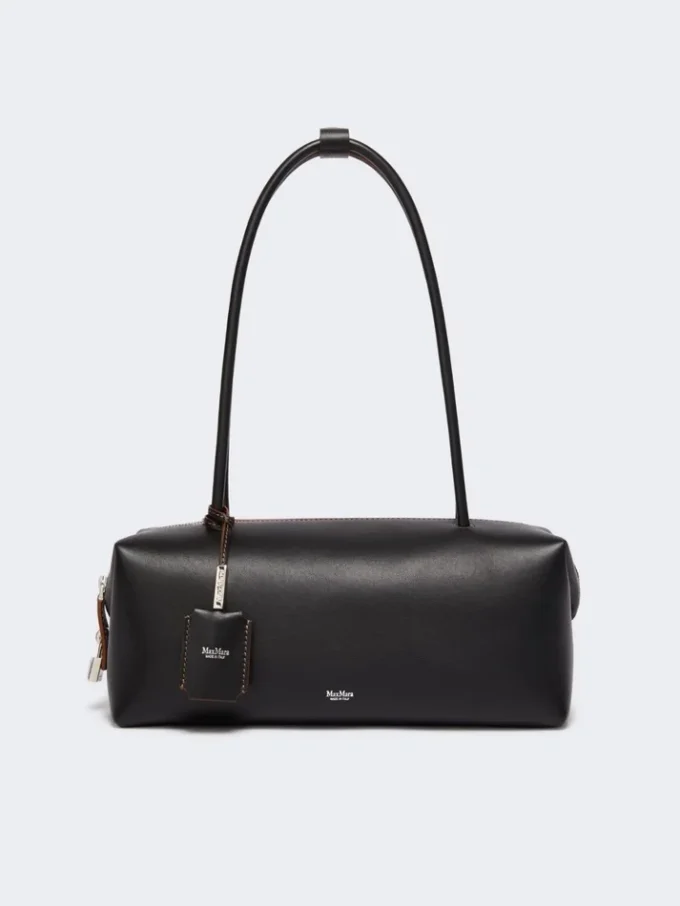 Borsa a bombetta in pelle naturale, nera