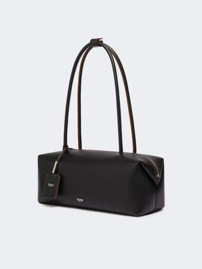 Borsa a bombetta in pelle naturale, nera