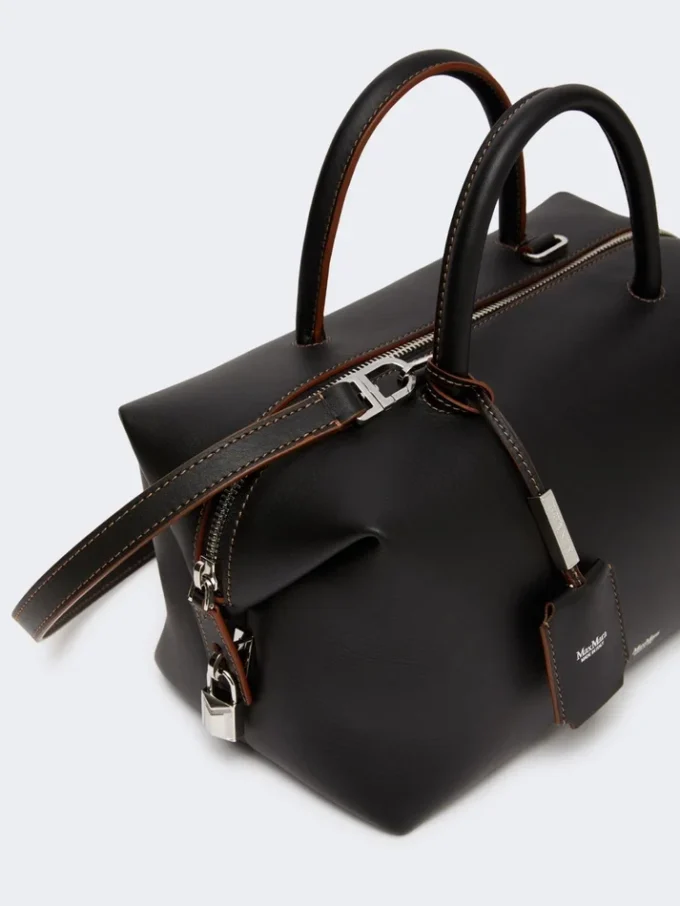 Borsa a bombetta media in pelle naturale, nera