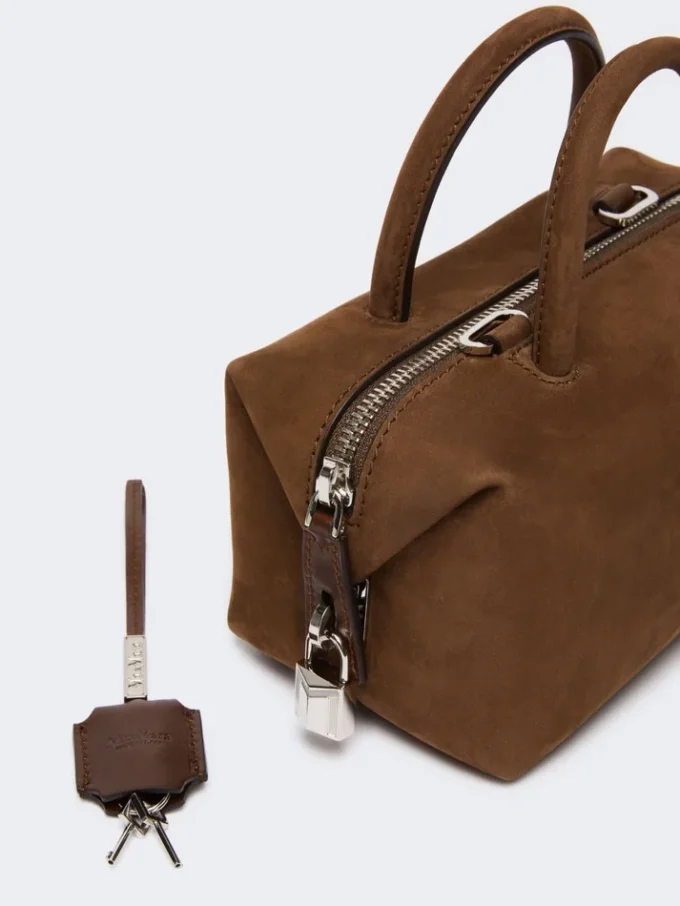 Borsa a bombetta piccola in pelle nabuk, marrone scuro