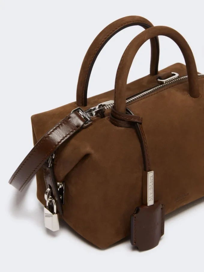 Borsa a bombetta piccola in pelle nabuk, marrone scuro