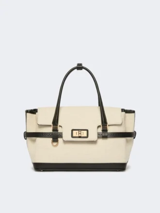 Borsa a mano in tela a zig-zag e pelle, color ghiaccio