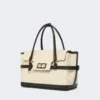 Borsa a mano in tela a zig-zag e pelle, color ghiaccio