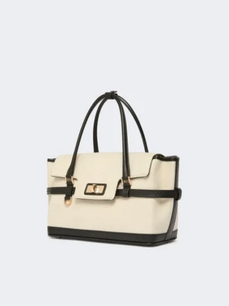 Borsa a mano in tela a zig-zag e pelle, color ghiaccio