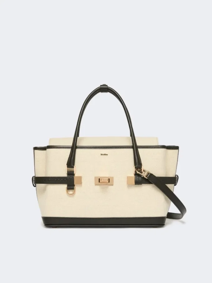Borsa a mano in tela a zig-zag e pelle, color ghiaccio