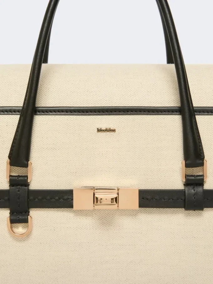 Borsa a mano in tela a zig-zag e pelle, color ghiaccio