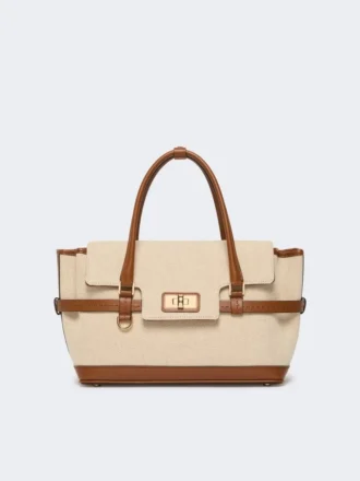 Borsa in tela di cotone e pelle, color cipria