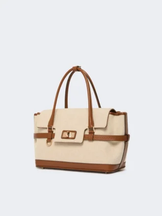 Borsa in tela di cotone e pelle, color cipria