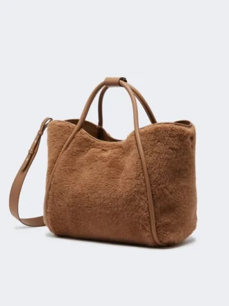 Borsa media in tessuto teddy color cammello