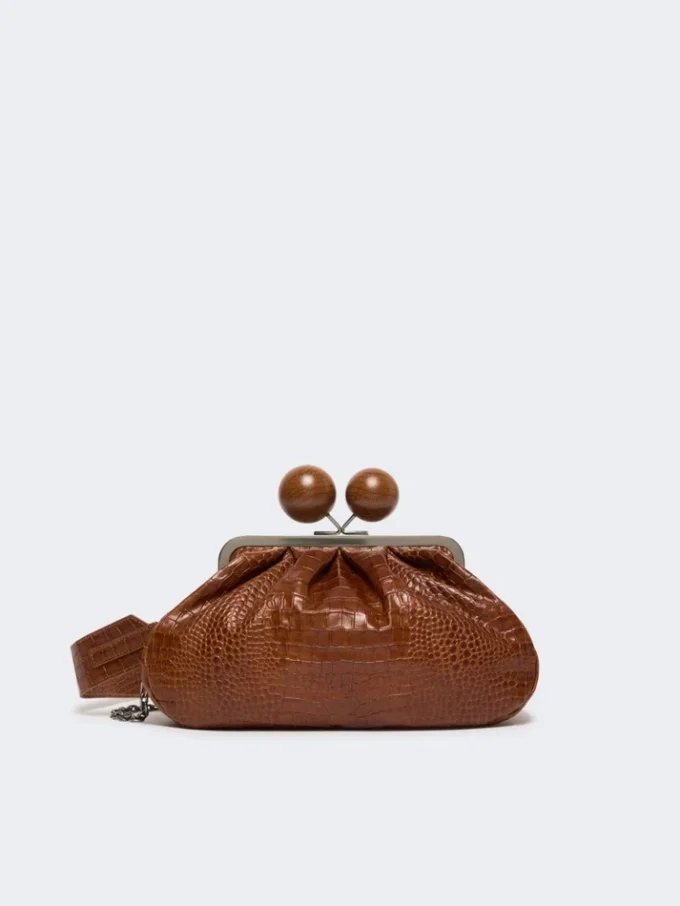 Borsa Pasticcino media in pelle con stampa coccodrillo, rosso-marrone
