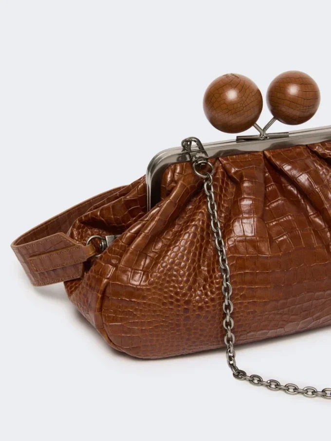 Borsa Pasticcino media in pelle con stampa coccodrillo, rosso-marrone