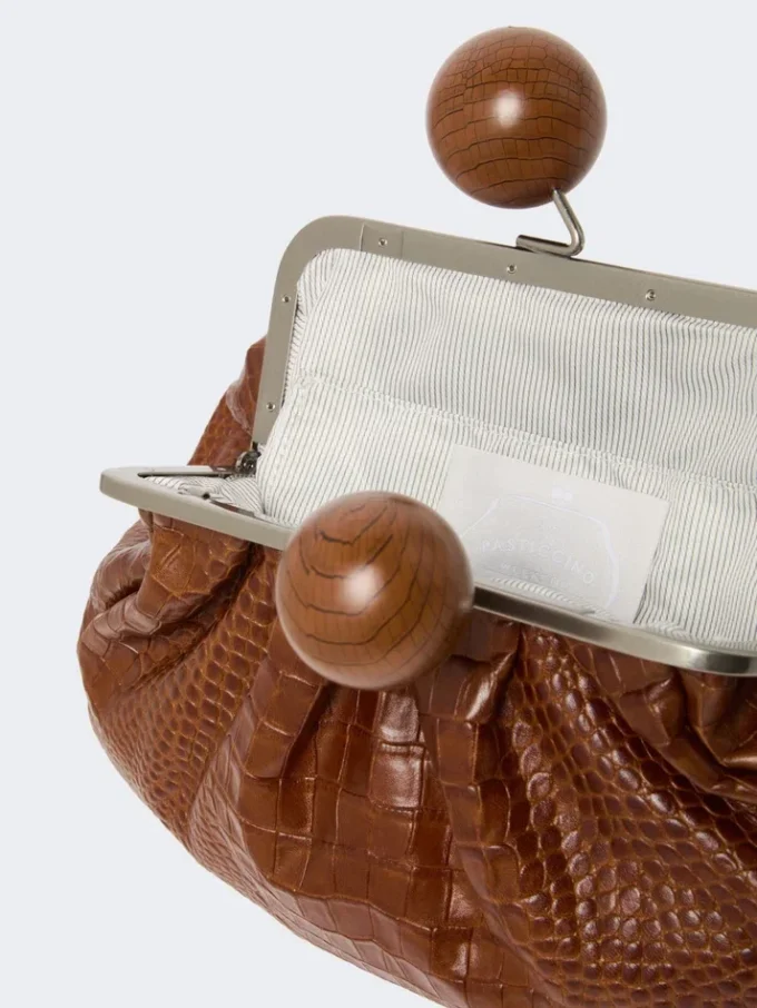 Borsa Pasticcino media in pelle con stampa coccodrillo, rosso-marrone