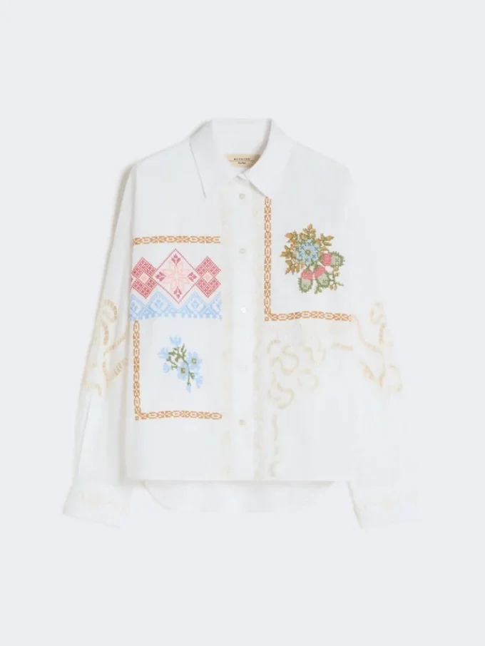 Camicetta in cotone con pizzo e ricami, bianca Camicetta in cotone con pizzo e ricami, bianca