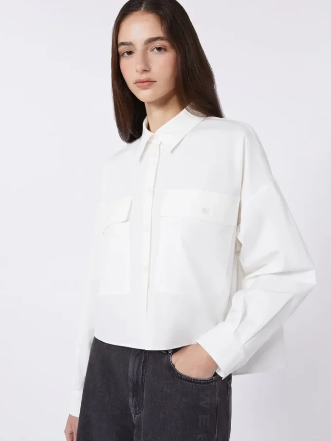 Camicia asimmetrica in cotone lavato, bianca Camicia asimmetrica in cotone lavato, bianca