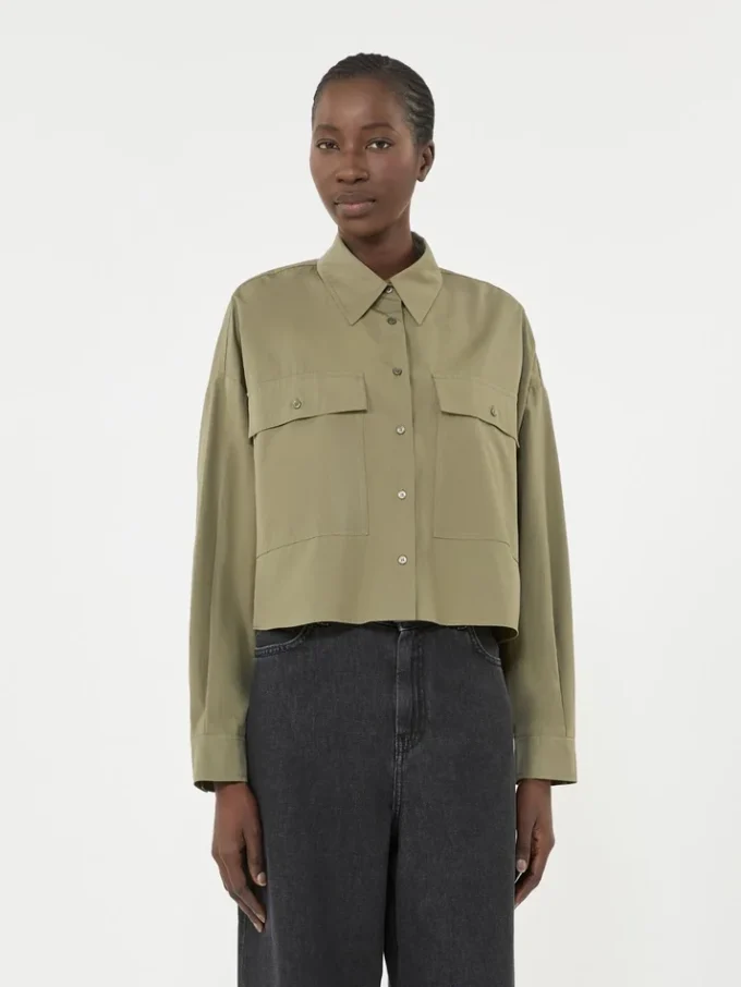 Camicia asimmetrica in cotone lavato, color kaki Camicia asimmetrica in cotone lavato, color kaki