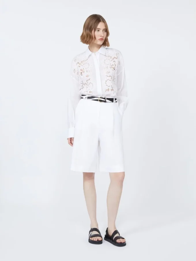 Camicia boxy in tela di ramiè ricamata, bianca
