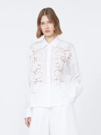 Camicia boxy in tela di ramiè ricamata, bianca