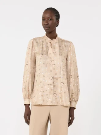 Camicia con fiocco in seta stampata, albino