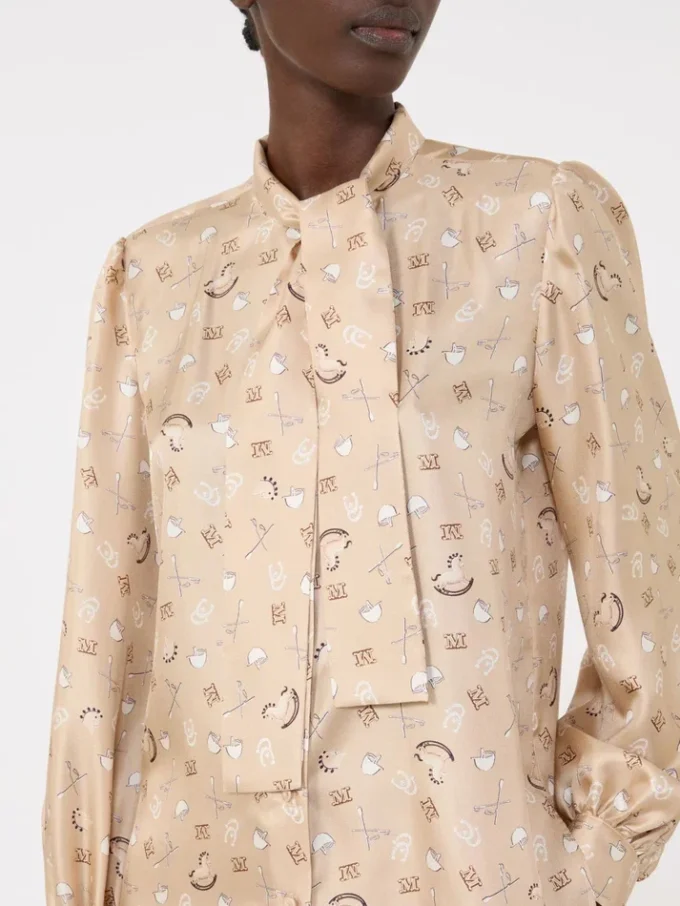 Camicia con fiocco in seta stampata, albino