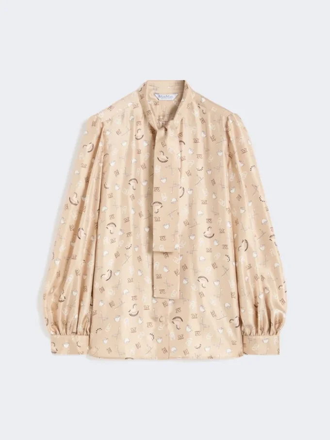 Camicia con fiocco in seta stampata, albino