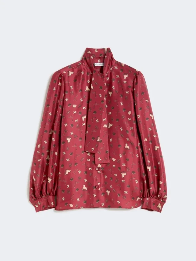 Camicia con fiocco in seta stampata, rossa