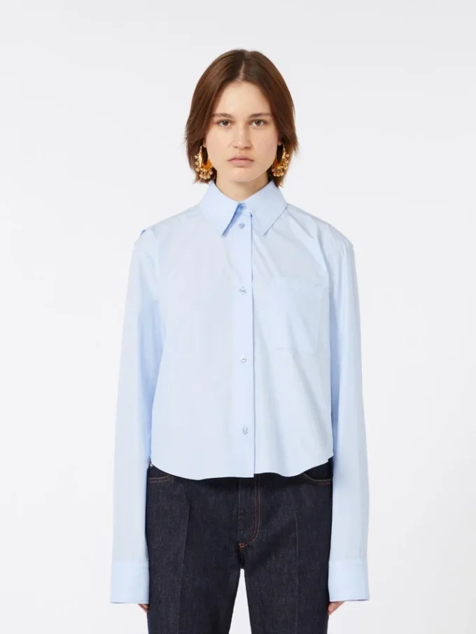 Camicia corta in cotone con plissettatura sul retro, azzurro