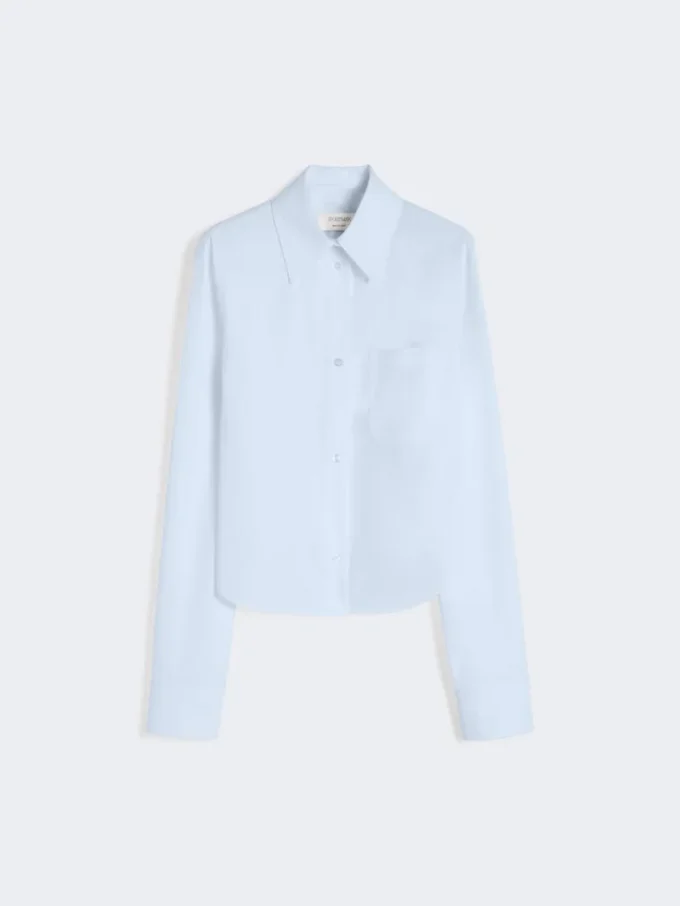Camicia corta in cotone con plissettatura sul retro, azzurro