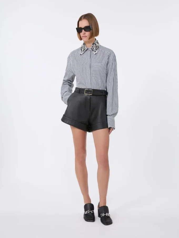 Camicia corta in popeline a righe, nera