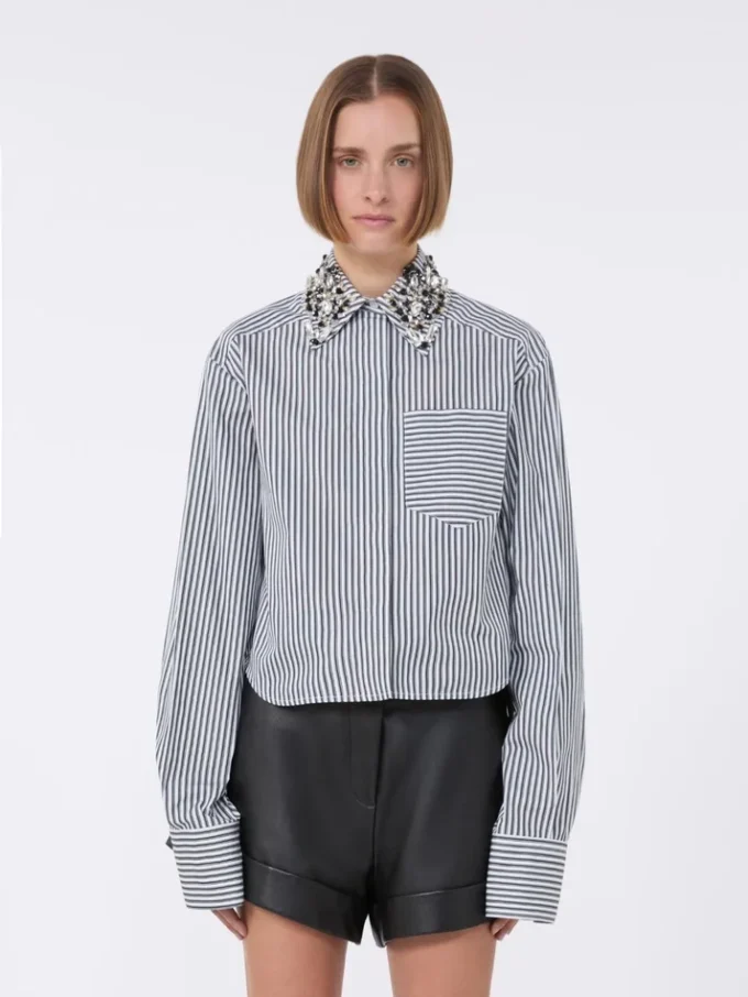 Camicia corta in popeline a righe, nera