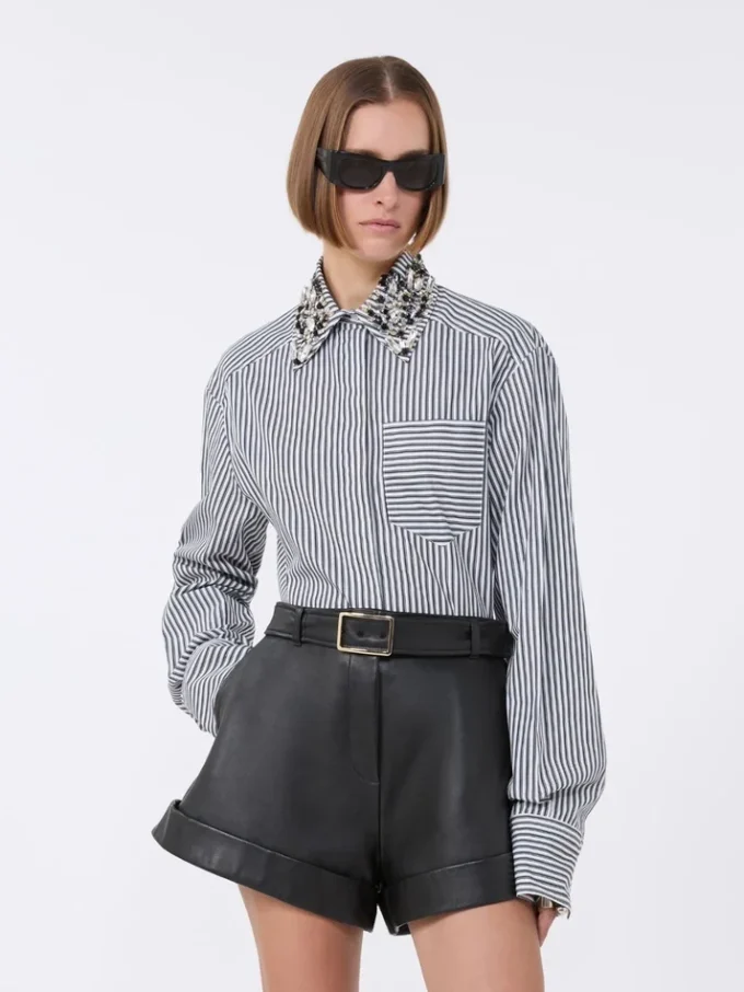 Camicia corta in popeline a righe, nera