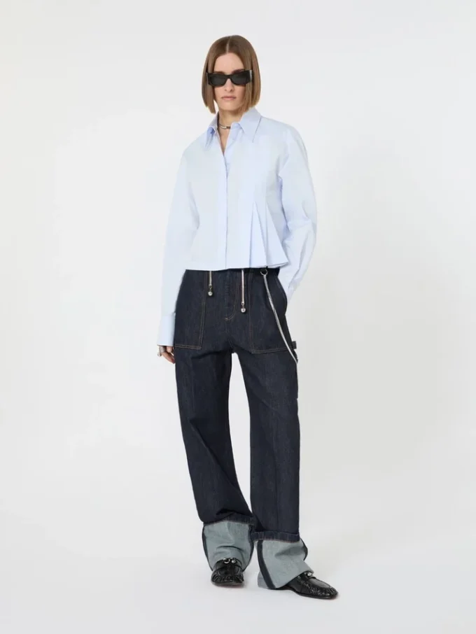 Camicia corta in popeline con pieghe asimmetriche, avio