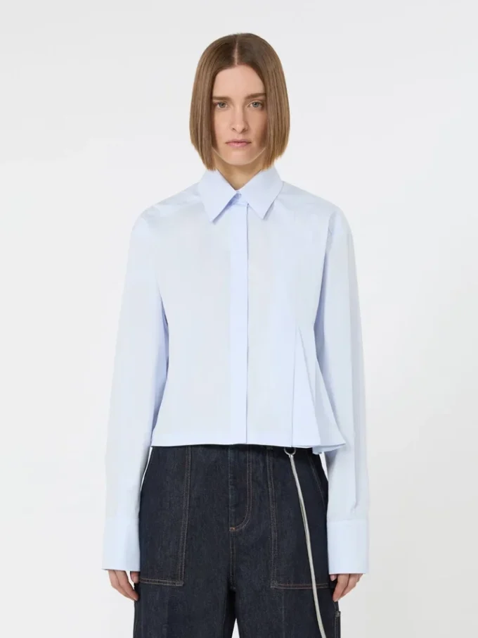 Camicia corta in popeline con pieghe asimmetriche, avio