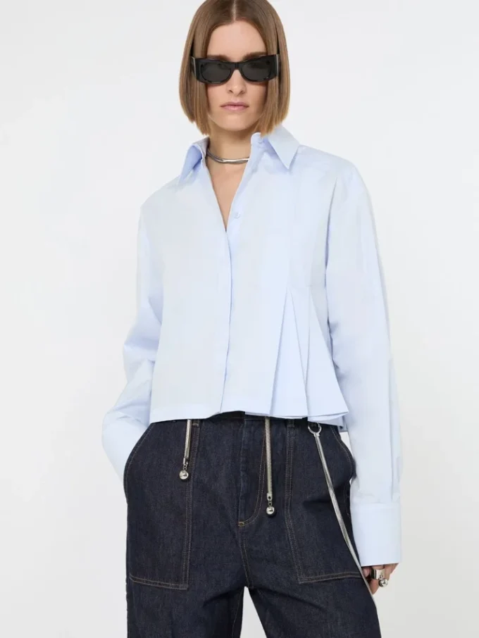 Camicia corta in popeline con pieghe asimmetriche, avio