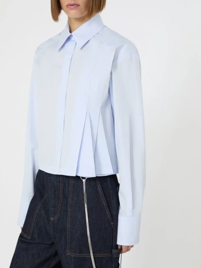Camicia corta in popeline con pieghe asimmetriche, avio