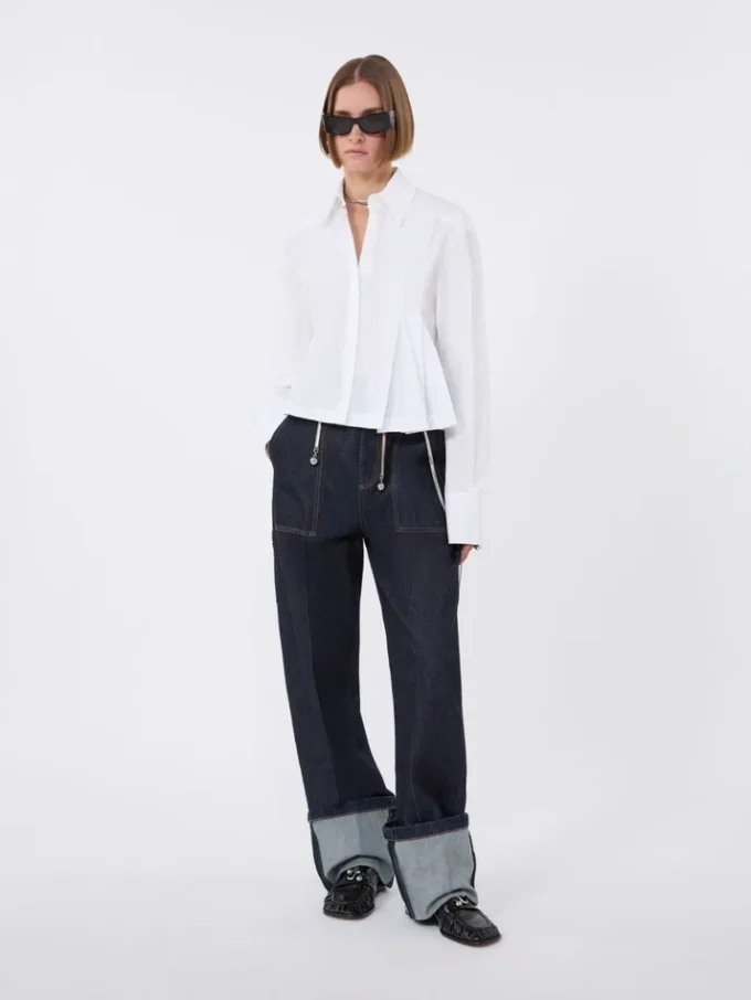 Camicia corta in popeline con pieghe asimmetriche, bianco ottico