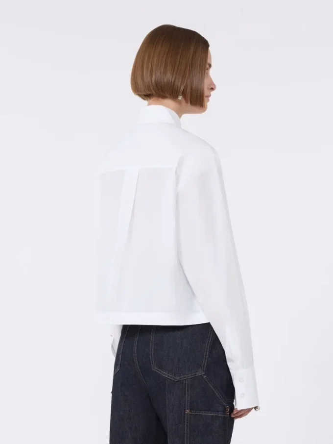 Camicia corta in popeline con pieghe asimmetriche, bianco ottico
