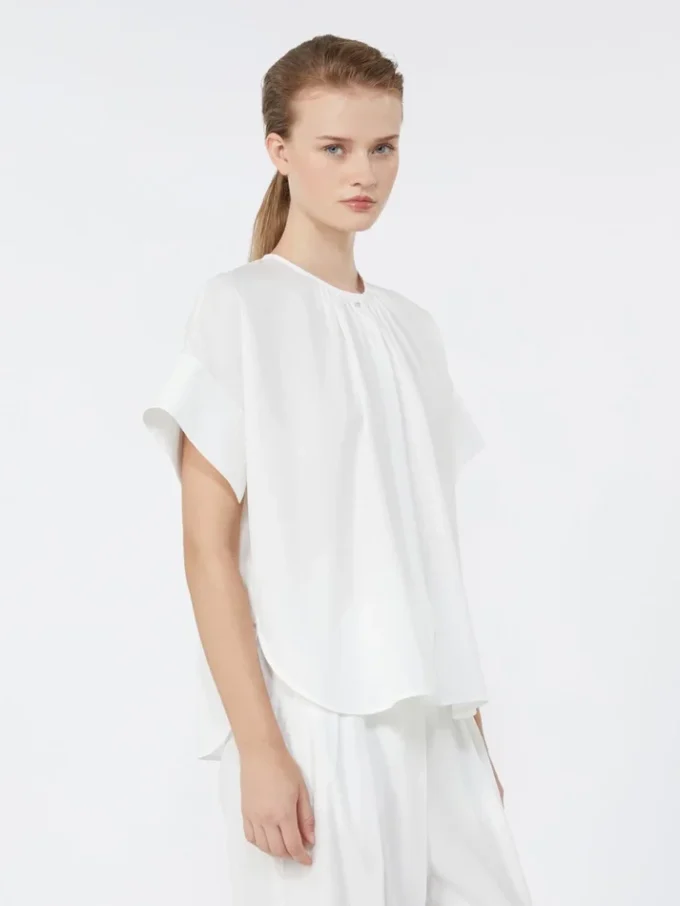Camicia girocollo in popeline di cotone, bianca