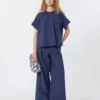 Camicia girocollo in popeline di cotone, blu navy