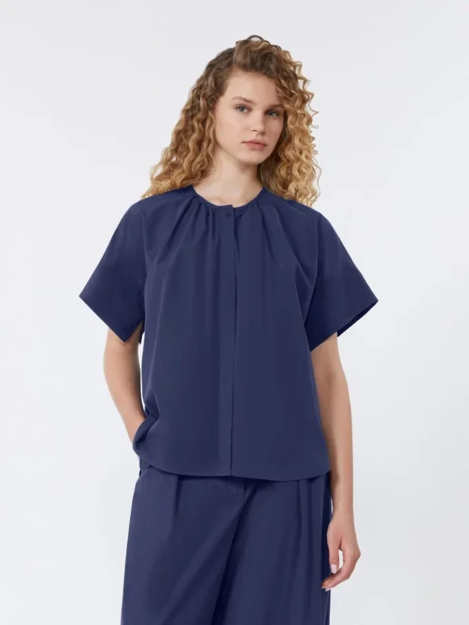 Camicia girocollo in popeline di cotone, blu navy